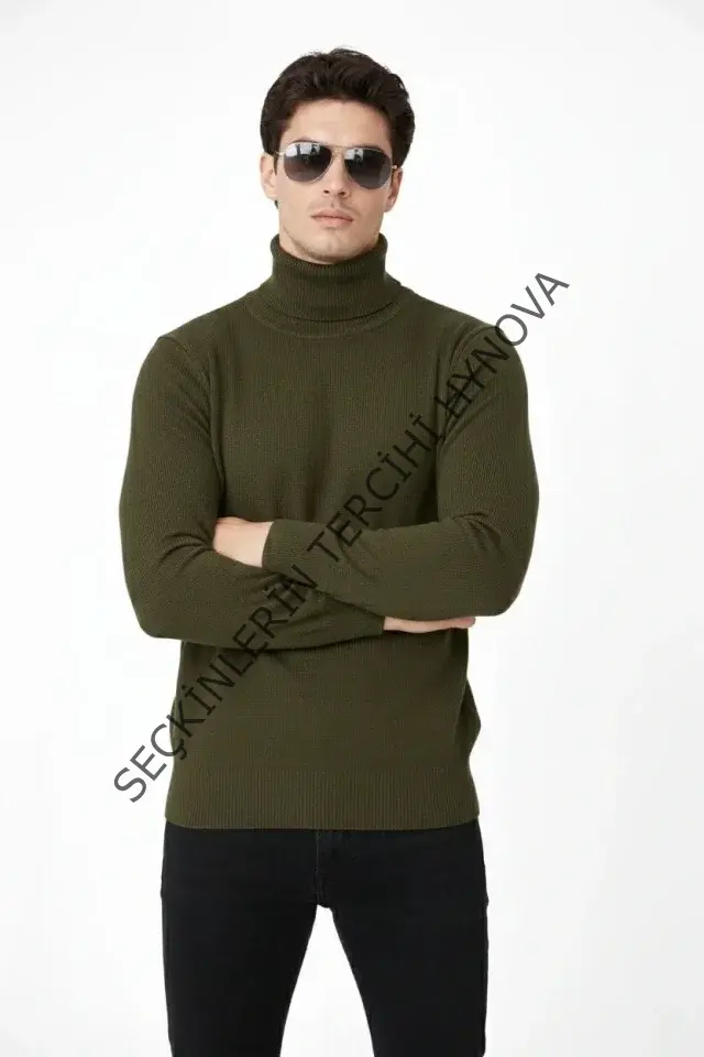 Tam Boğazlı Balıkcı Yaka Triko Kazak Yumuşak Dokulu Pamuklu Ince Dokuma, Uzun Kollu Rahat Regular Kalıp - Haki