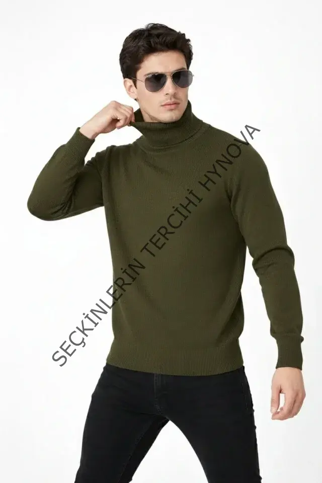 Tam Boğazlı Balıkcı Yaka Triko Kazak Yumuşak Dokulu Pamuklu Ince Dokuma, Uzun Kollu Rahat Regular Kalıp - Haki