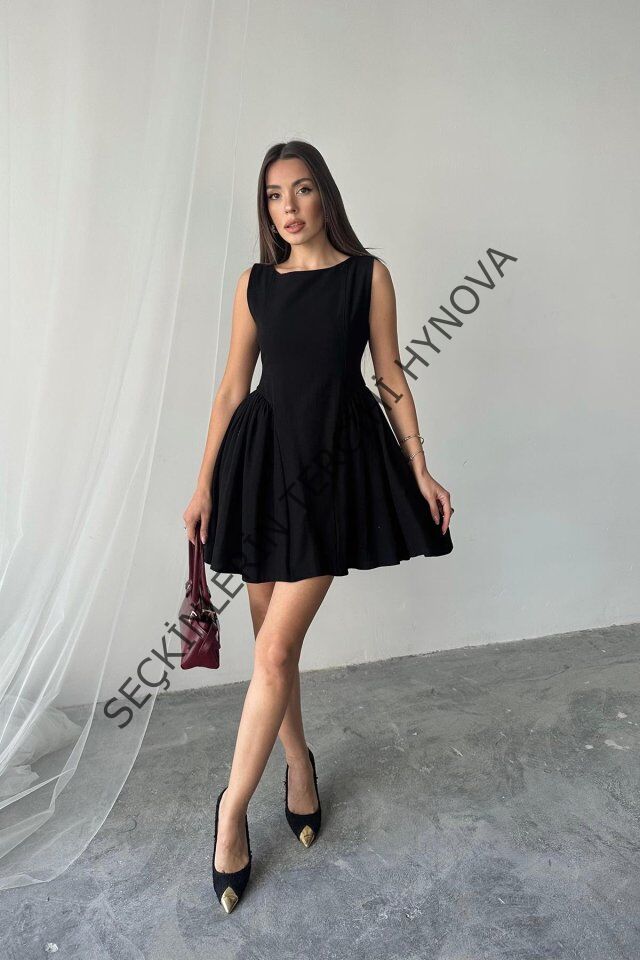 Siyah Mini Boy Büzgülü Keten Elbise