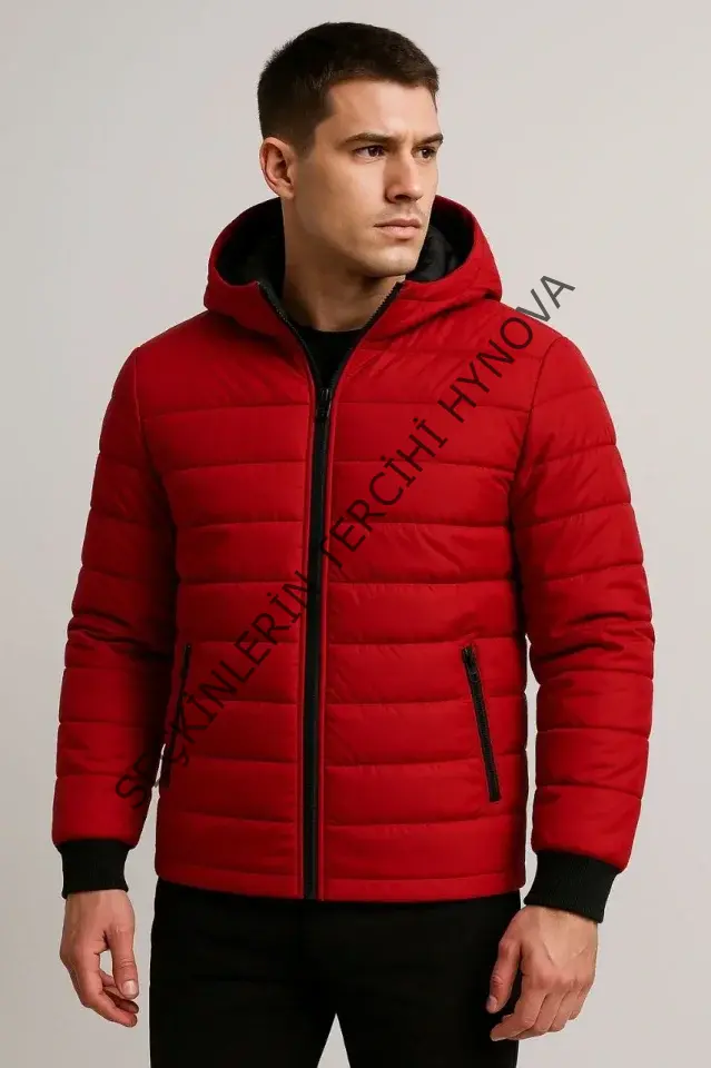 Erkek Şişme Kapüşonlu Fermuarlı Mont Su Itici Kapitone Astarlı Kumaş Cepli Kışlık Rahat Kalıp - Kırmızı