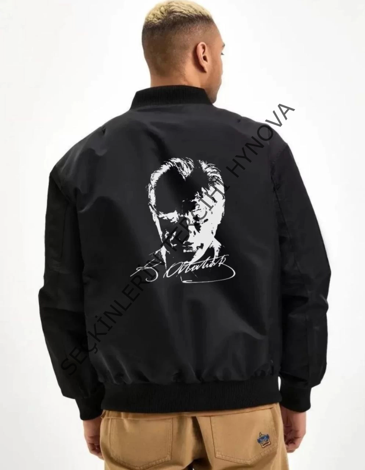 Unisex Uzun Kol Baskılı Bomber Ceket - Siyah