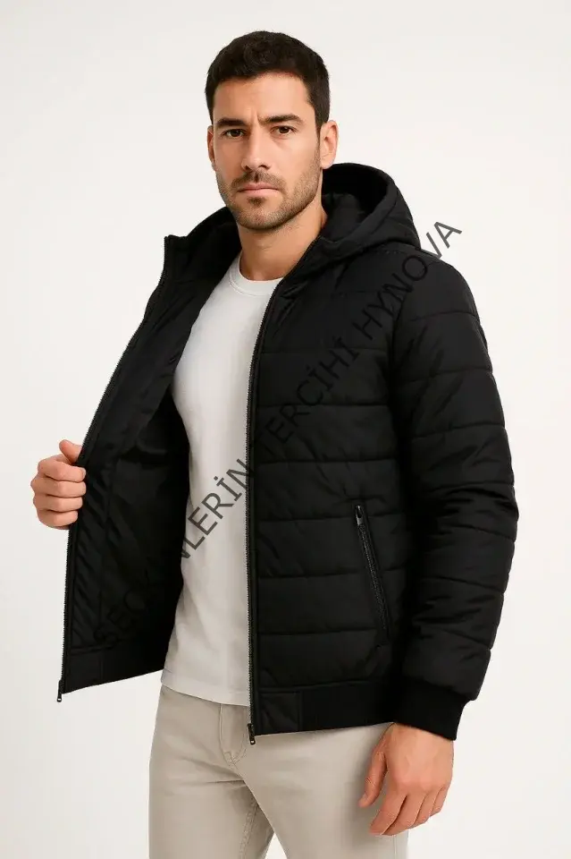 Erkek Şişme Kapüşonlu Fermuarlı Mont Su Itici Kapitone Astarlı Kumaş Cepli Kışlık Rahat Kalıp - Siyah