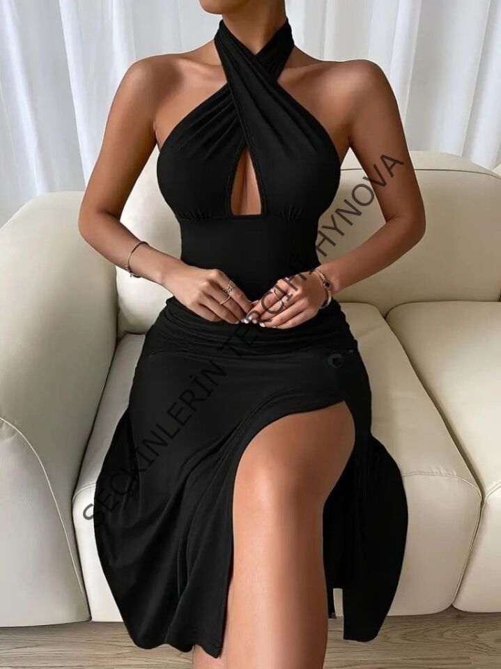 Kadın Sırt Dekolteli Boyun çapraz Yakalı Yırtmaç Detay Midi Sandy Elbise