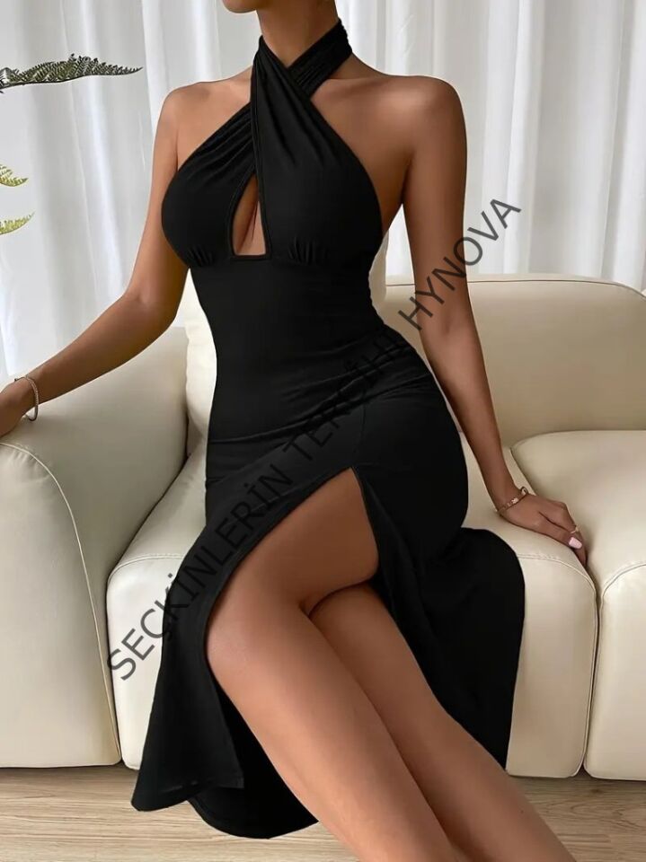 Kadın Sırt Dekolteli Boyun çapraz Yakalı Yırtmaç Detay Midi Sandy Elbise