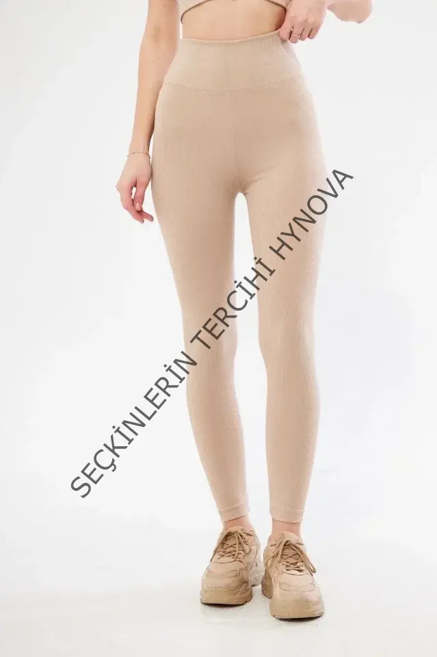Fitilli Full Likralı Yüksek Bel Toparlayıcı Tayt Günlük Ve Spor Kullanım - Bej