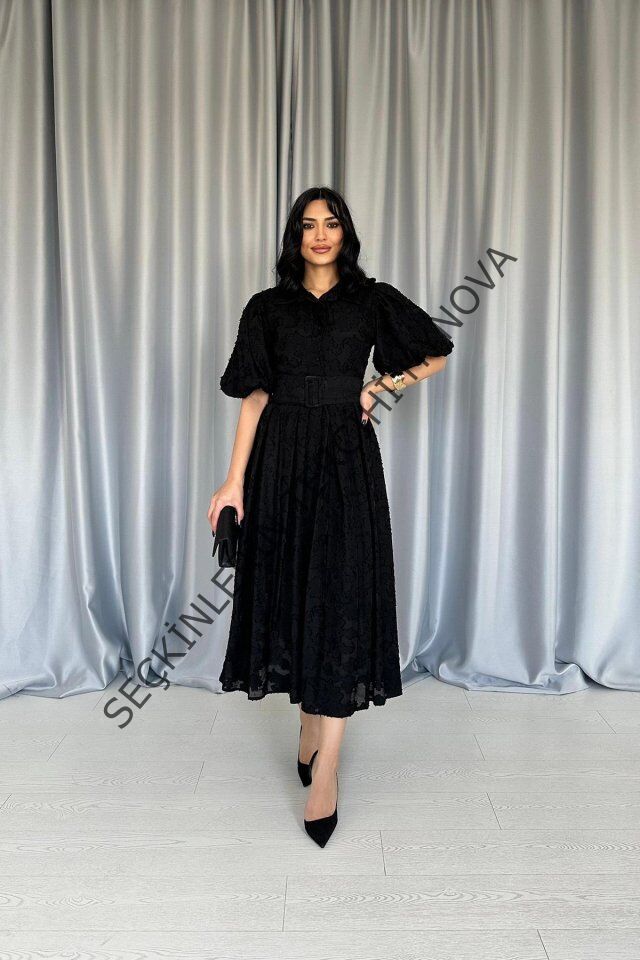 Siyah Kemerli Balon Kollu Elbise