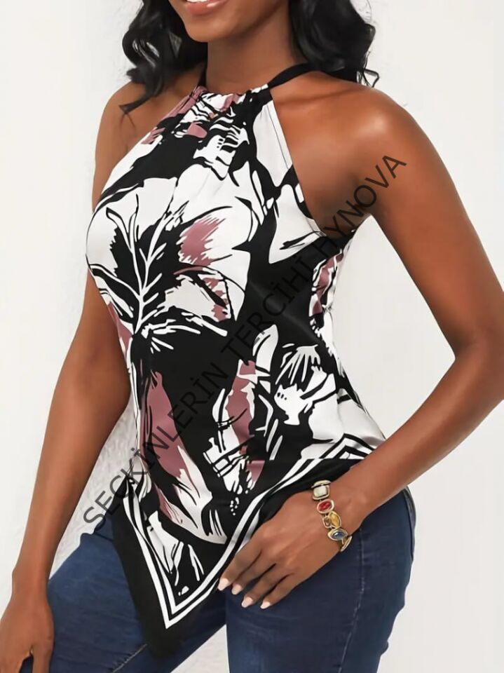 Kadın üçgen Kesim Boyundan Bağlamalı çiçek Desen Süprem Bluz