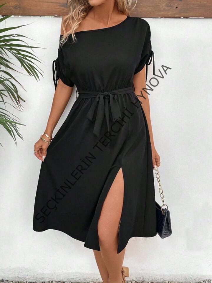 Kadın Tek Omuzu Açık Kol Ucu Fiyonklu Belden Kuşaklı Yırtmaç Detaylı Viskon Elbise