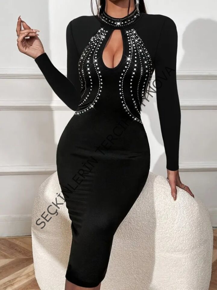 Kadın Uzun Kollu Balıkçı Yaka Taşlı Damla Detay Midi Ithal Krep Elbise