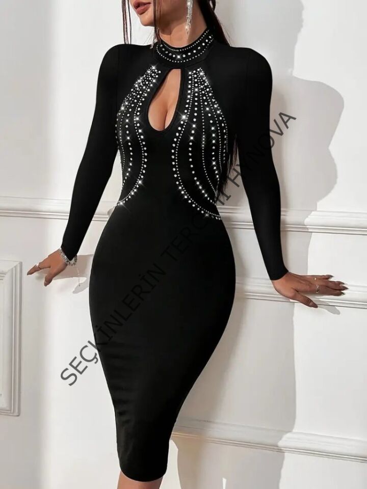 Kadın Uzun Kollu Balıkçı Yaka Taşlı Damla Detay Midi Ithal Krep Elbise