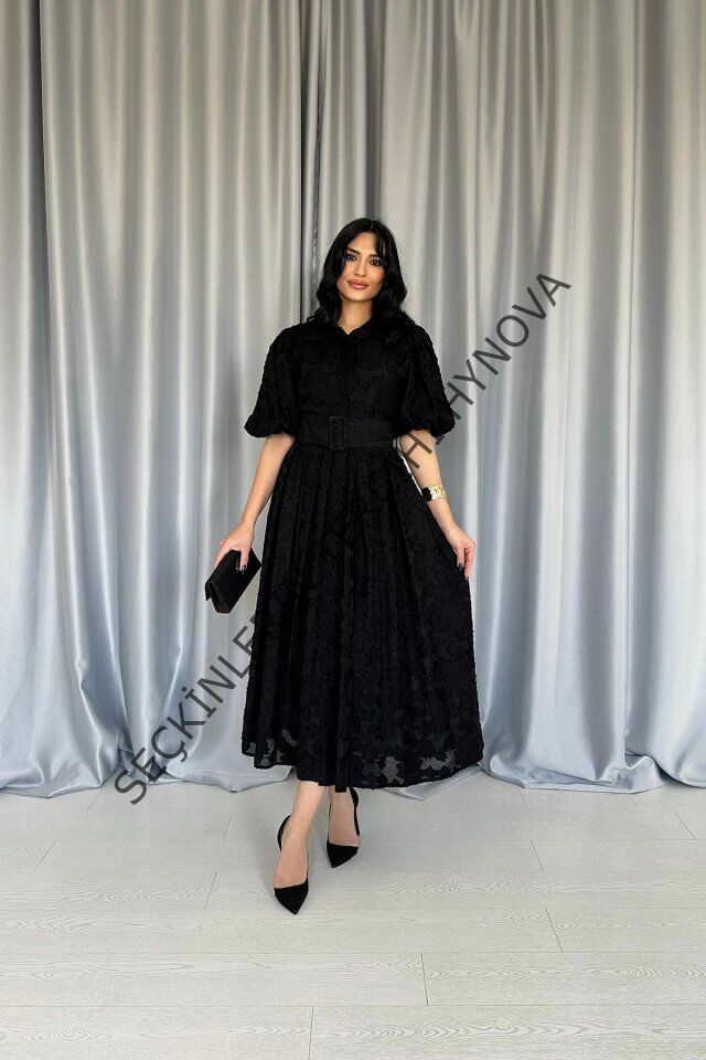 Siyah Kemerli Balon Kollu Elbise