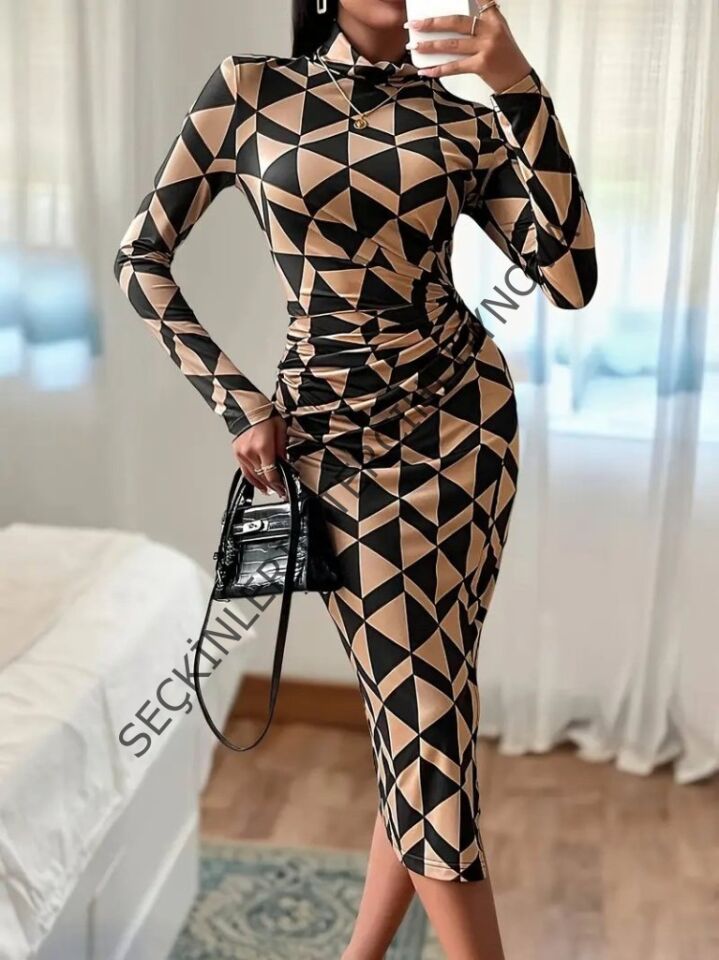 Kadın Uzun Kollu Balıkçı Yaka Yandan Büzgülü Yırtmaçlı Modal Midi Elbise