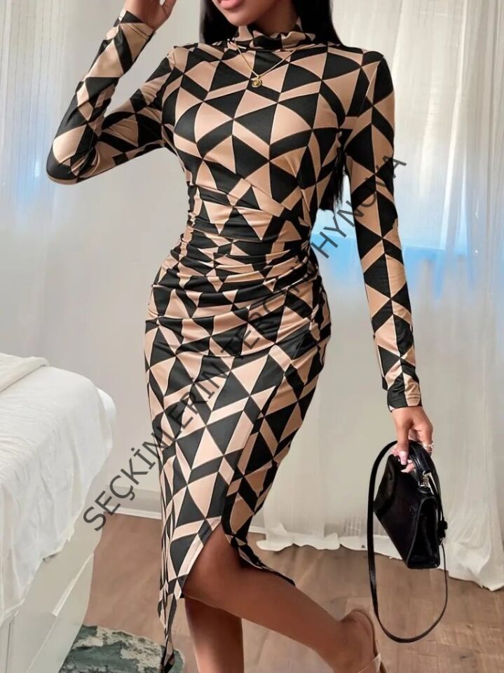 Kadın Uzun Kollu Balıkçı Yaka Yandan Büzgülü Yırtmaçlı Modal Midi Elbise