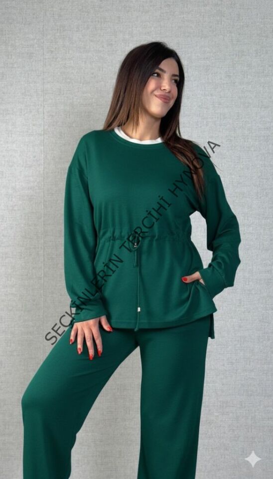 Kadın Uzun Kollu Bisiklet Yaka Belden Büzgülü Bağcıklı Viskon Iki Iplik Bluz Ve Pantolon Ikili Takım