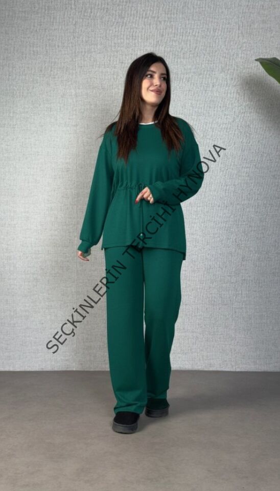 Kadın Uzun Kollu Bisiklet Yaka Belden Büzgülü Bağcıklı Viskon Iki Iplik Bluz Ve Pantolon Ikili Takım