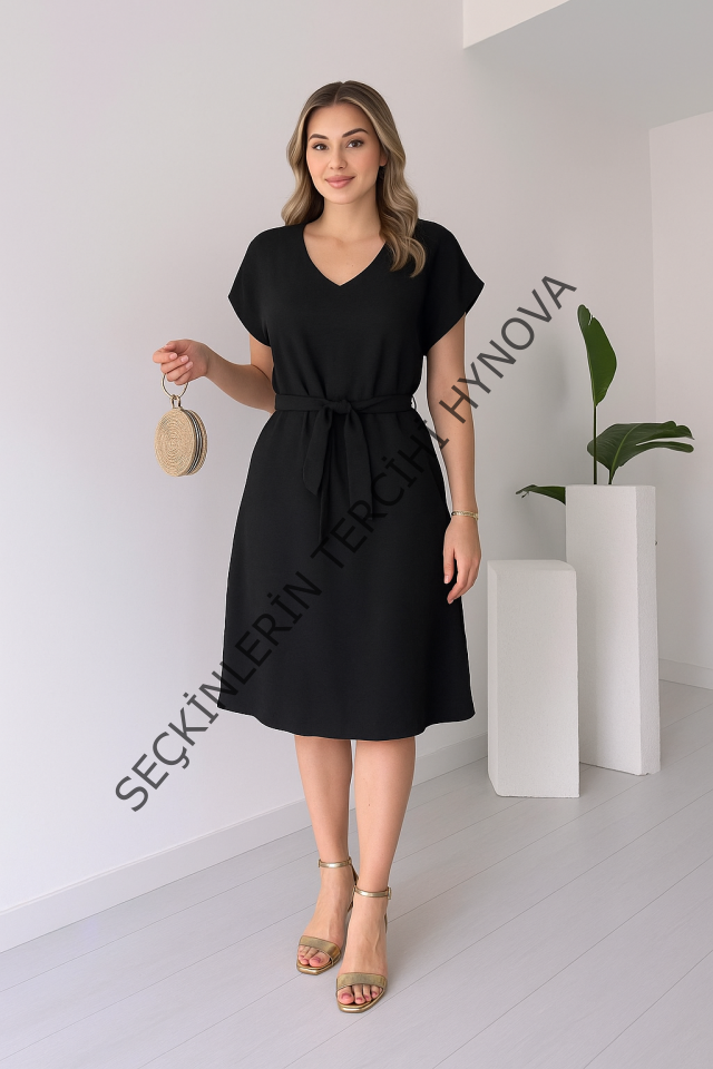Kadın Kısa Kollu V Yakalı Beli Kuşaklı Ithal Keten Elbise