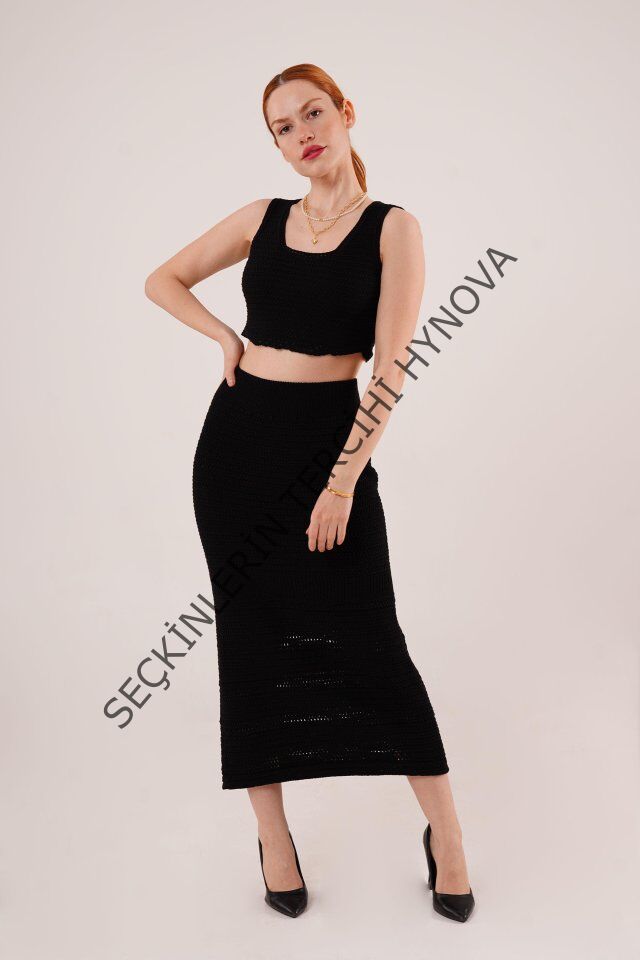 Örme Detaylı Etek Ve Bluz Siyah Takım