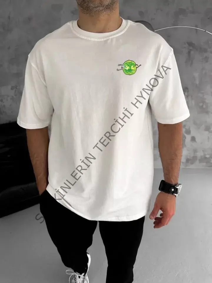 Unisex Bisiklet Yaka Baskılı Oversize T-Shirt - Beyaz