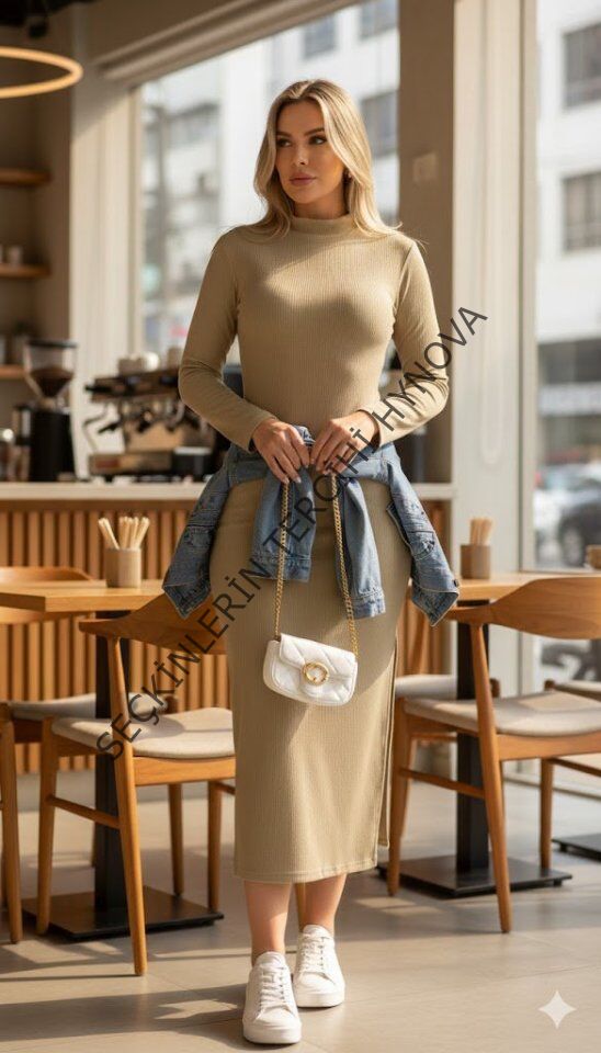 Kadın Uzun Kollu Balıkçı Yakalı Yanlardan Yırtmaçlı Kaşkorse Maxi Elbise