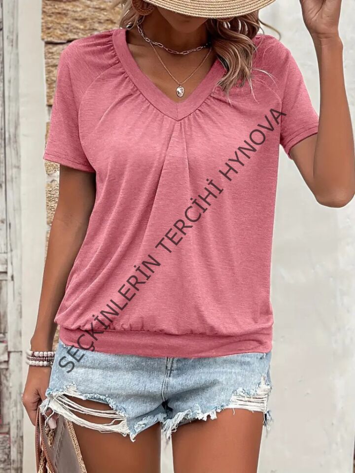 Kadın Kısa Kollu V Yakalı Büzgü Detaylı Viskon Bluz