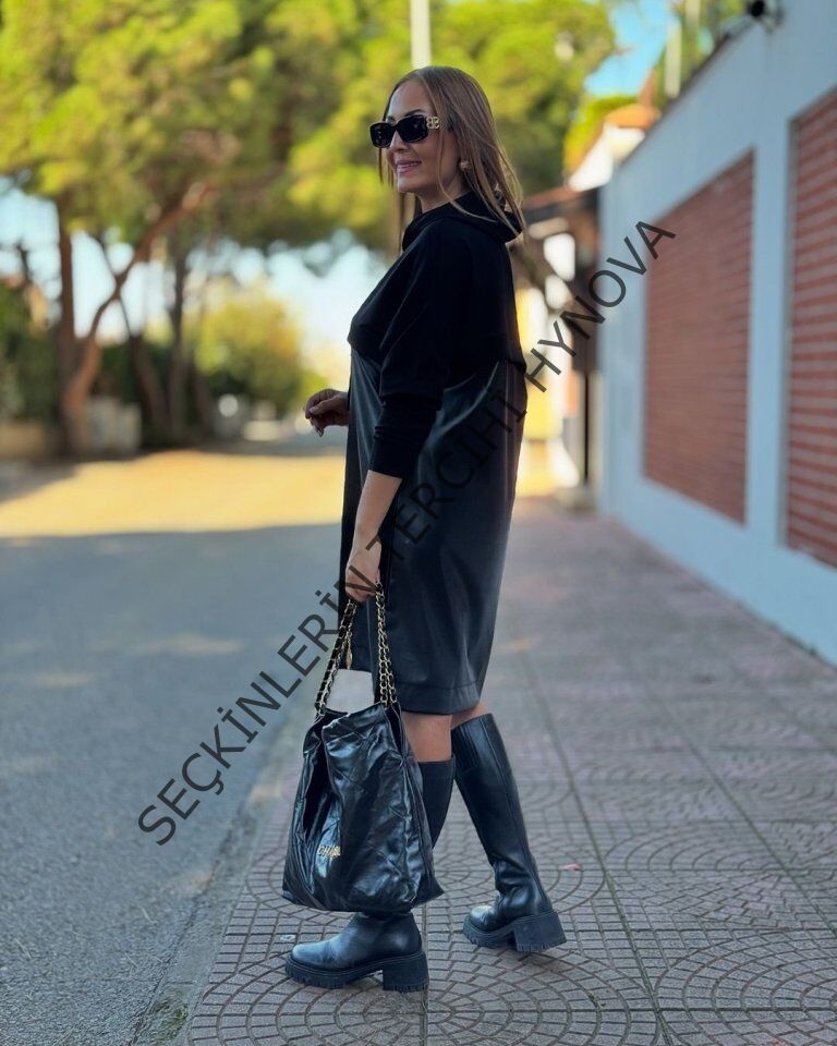 Kadın Uzun Kollu Kapüşon Ve Deri Detay Diz üstü Elbise