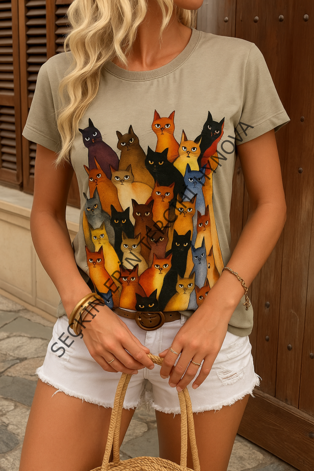 Kadın Kısa Kollu Bisiklet Yaka Kedi Desenli Süprem Bluz