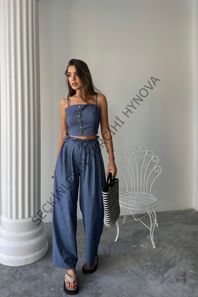 TENCEL CROP ASKILI BLUZ - ŞALVAR PANTOLON TK - İndigo
