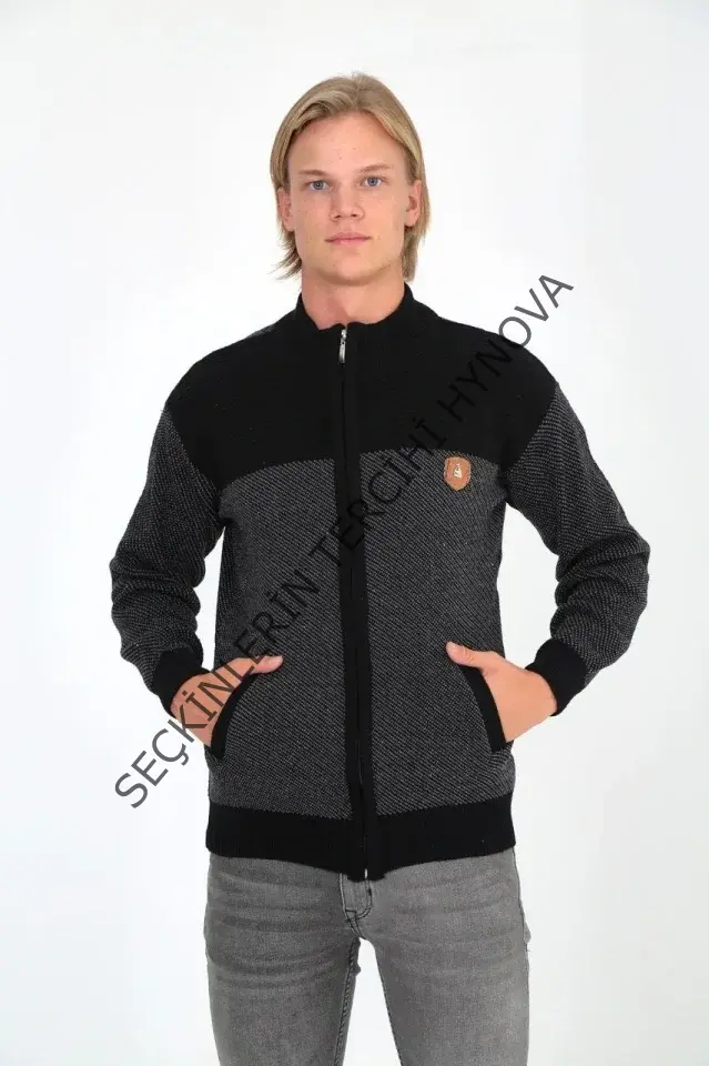 Erkek Fermuarlı Triko Hırka Yüksek Yaka, Cepli, Günlük Şık Rahat Kalıp Triko - Siyah