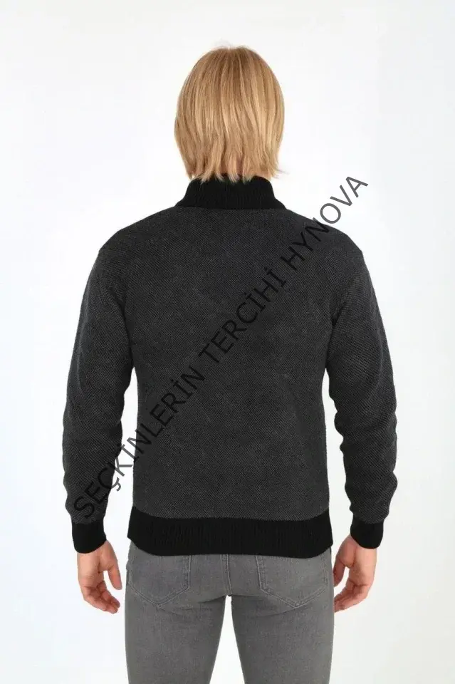 Erkek Fermuarlı Triko Hırka Yüksek Yaka, Cepli, Günlük Şık Rahat Kalıp Triko - Siyah