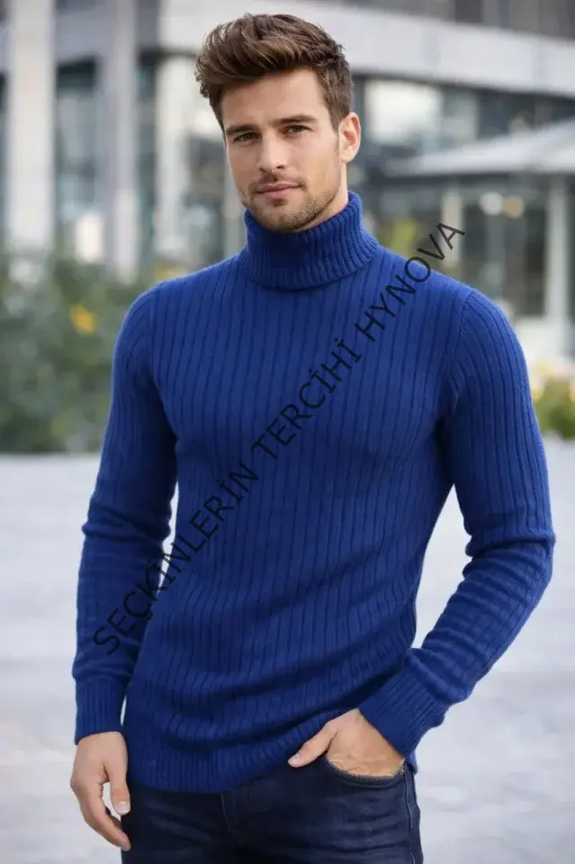 Erkek Balıkcı Yaka Bağazlı Triko Kazak Pamuklu Kalın Fitilli Dokuma, Regular Fit Uzun Kollu Kışlık Model - İndigo