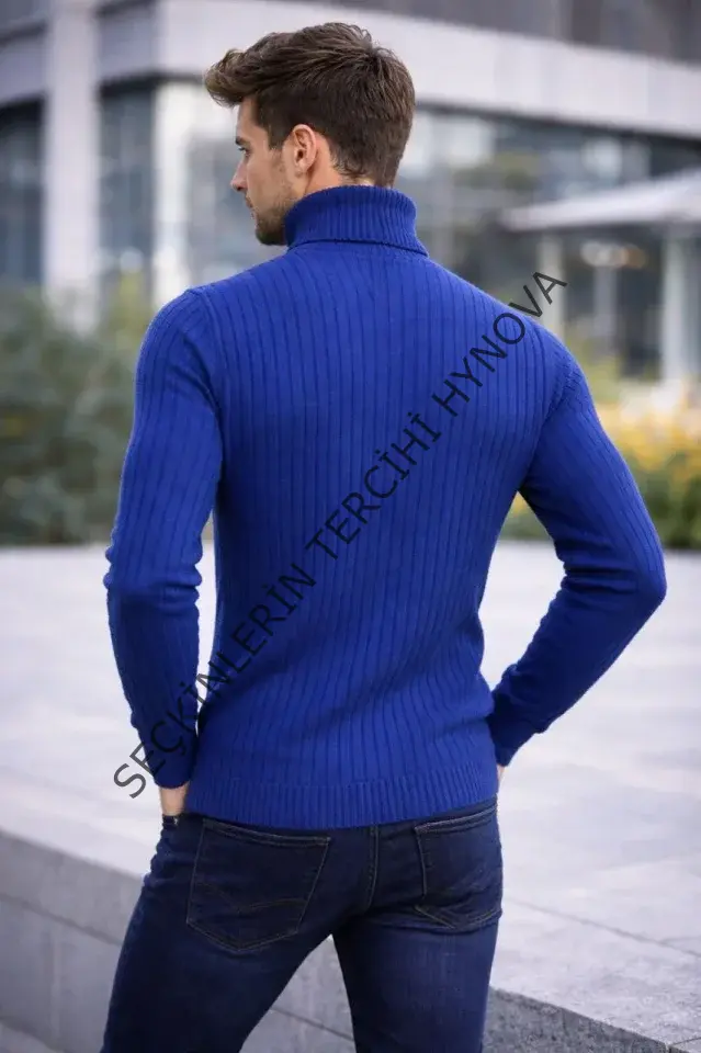 Erkek Balıkcı Yaka Bağazlı Triko Kazak Pamuklu Kalın Fitilli Dokuma, Regular Fit Uzun Kollu Kışlık Model - İndigo