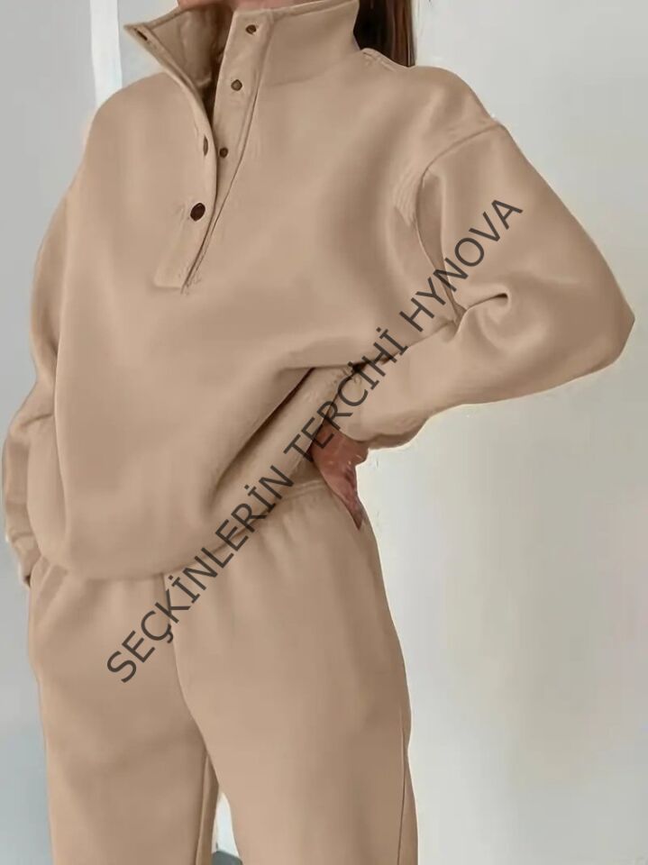 Kadın Uzun Kollu Balıkçı Dik Yakalı Düğmeli üç Iplik Bluz Ve Pantolon Ikili Takım