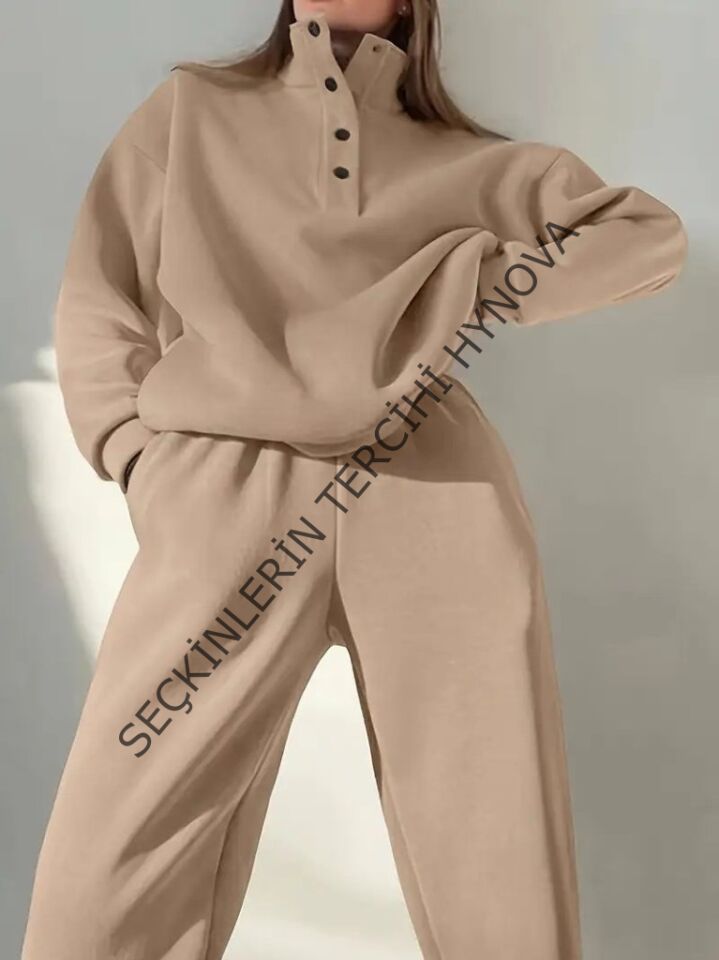 Kadın Uzun Kollu Balıkçı Dik Yakalı Düğmeli üç Iplik Bluz Ve Pantolon Ikili Takım