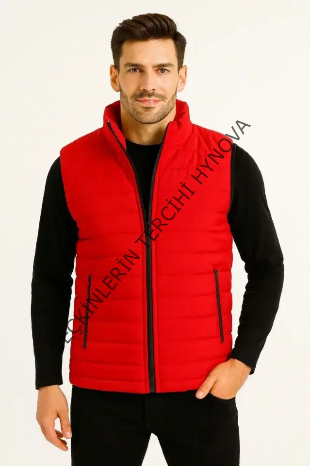 Erkek Şişme Fermuarlı Yelek Su Itici Kapitone Astarlı Kumaş Cepli Hafif Kışlık Spor Rahat Kalıp - Kırmızı