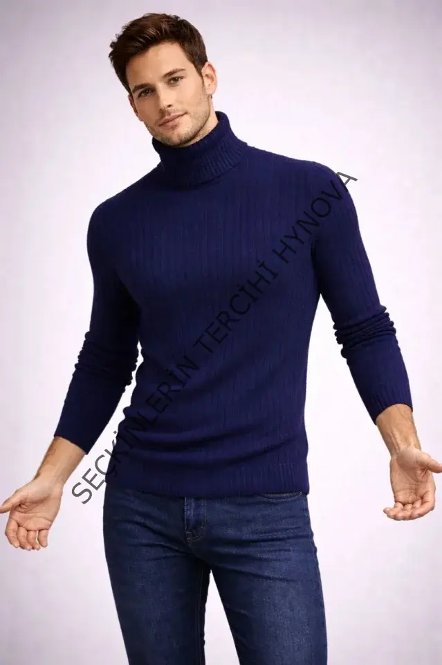 Erkek Balıkcı Yaka Bağazlı Triko Kazak Pamuklu Kalın Fitilli Dokuma, Regular Fit Uzun Kollu Kışlık Model - Lacivert