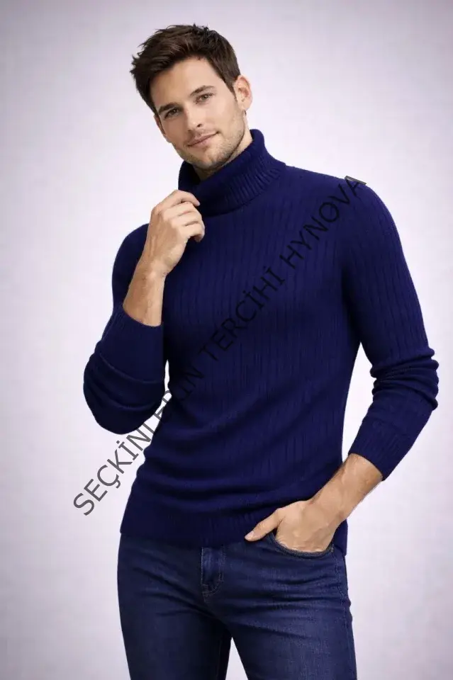 Erkek Balıkcı Yaka Bağazlı Triko Kazak Pamuklu Kalın Fitilli Dokuma, Regular Fit Uzun Kollu Kışlık Model - Lacivert
