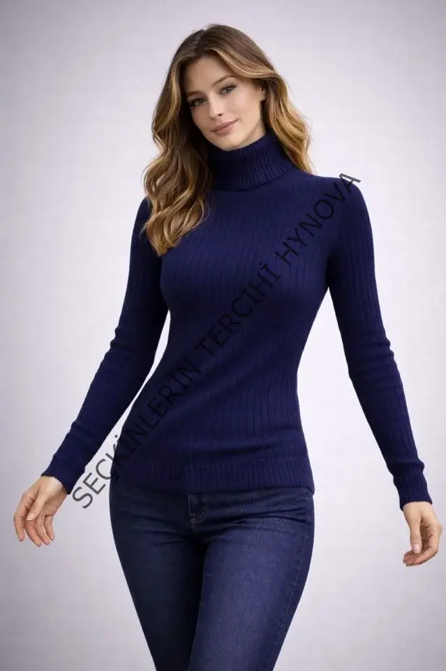 Balıkcı Yaka Bağazlı Triko Kazak Pamuklu Kalın Fitilli Dokuma - Lacivert