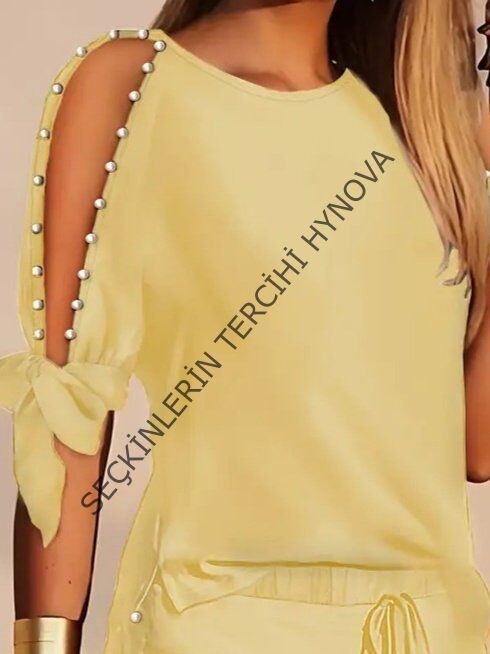 Kadın Kısa Kollu Bisiklet Yaka Yarı Açık Omuz Inci Detaylı Short T-shirt Viskon Ikili Takım