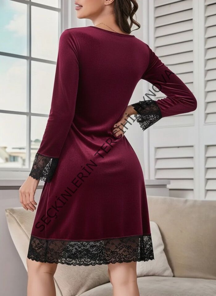 Kadın Uzun Kollu V Dantel Yakalı Mini Kadife Elbise