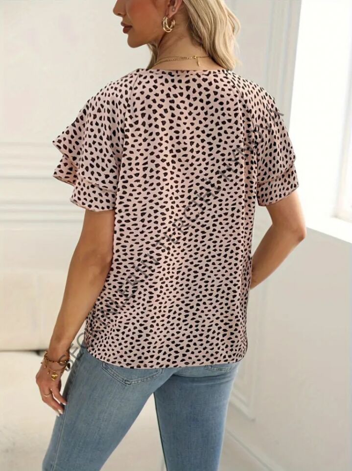 Kadın Kısa Kollu Kolları Volanlı Baskılı Süprem Bluz