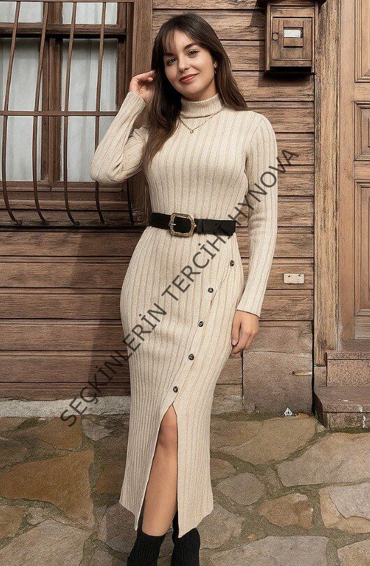 Kadın Uzun Kollu Balıkçı Yaka Yırtmaçlı Düğmeli şardonlu Kaşkorse Elbise