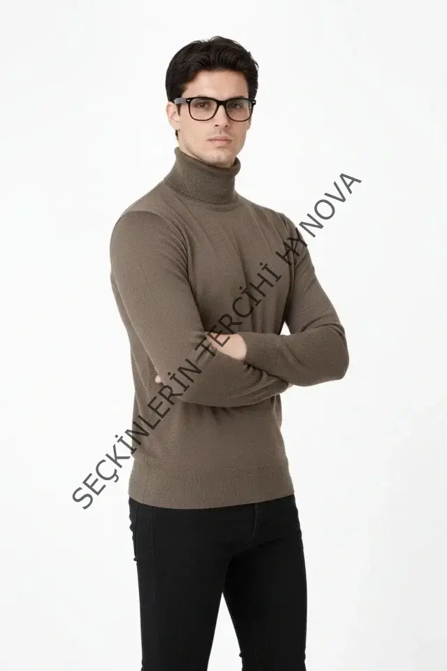 Tam Boğazlı Balıkcı Yaka Triko Kazak Yumuşak Dokulu Pamuklu Ince Dokuma, Uzun Kollu Rahat Regular Kalıp - Kahverengi