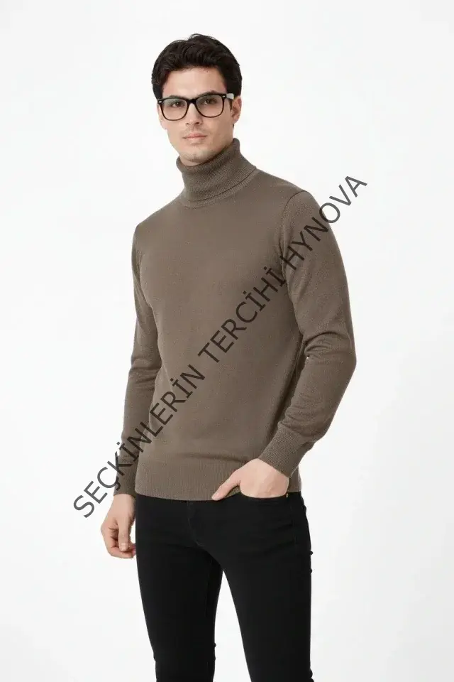 Tam Boğazlı Balıkcı Yaka Triko Kazak Yumuşak Dokulu Pamuklu Ince Dokuma, Uzun Kollu Rahat Regular Kalıp - Kahverengi