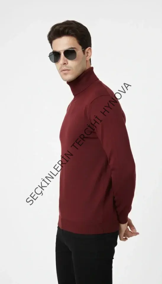 Tam Boğazlı Balıkcı Yaka Triko Kazak Yumuşak Dokulu Pamuklu Ince Dokuma, Uzun Kollu Rahat Regular Kalıp - Bordo