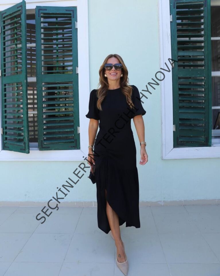 Kadın Kısa Kollu Bisiklet Yakalı Yandan Yırtmaçlı Büzgülü Janjan Krep Elbise