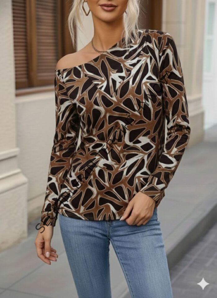 Kadın Uzun Kollu V Yaka Düşük Omuz Geometrik Desen şardonlu Dalgıç Bluz