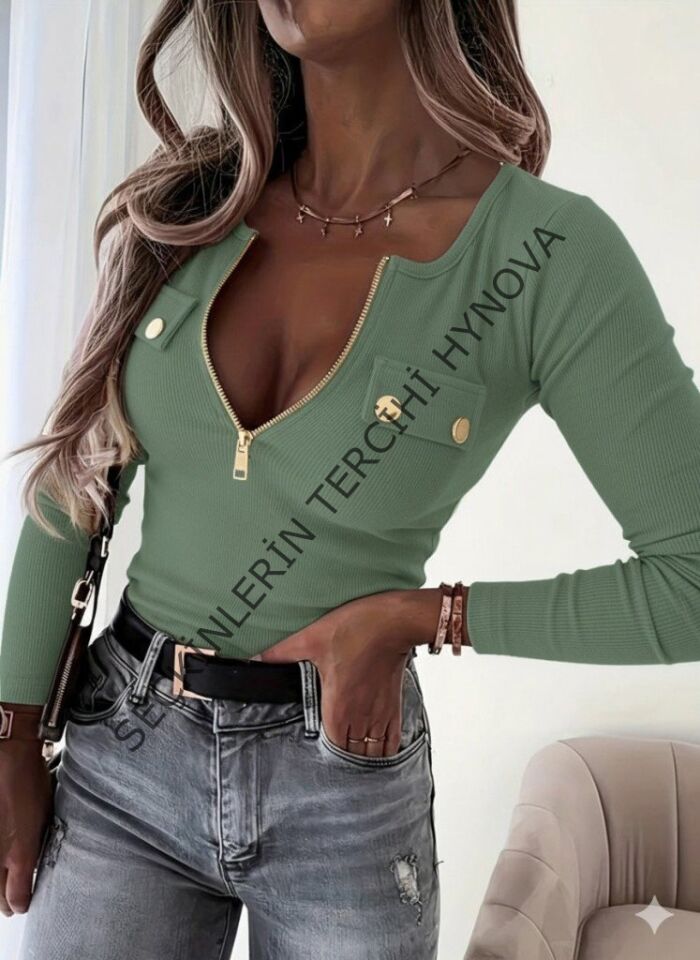 Kadın Uzun Kollu önden Fermuar Ve Cepli Kaşkorse Bluz