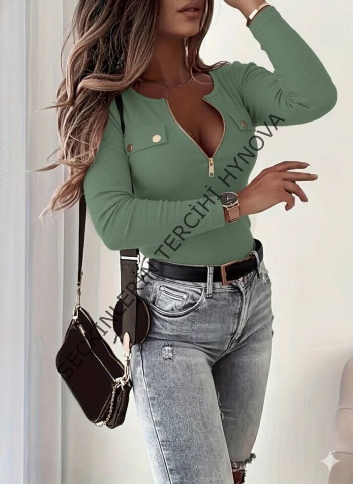 Kadın Uzun Kollu önden Fermuar Ve Cepli Kaşkorse Bluz