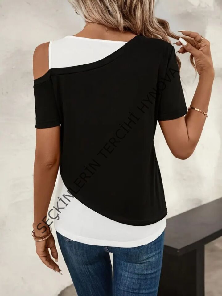 Kadın Kısa Kollu Geometrik Kesin Detaylı çift Renkli Viskon Bluz