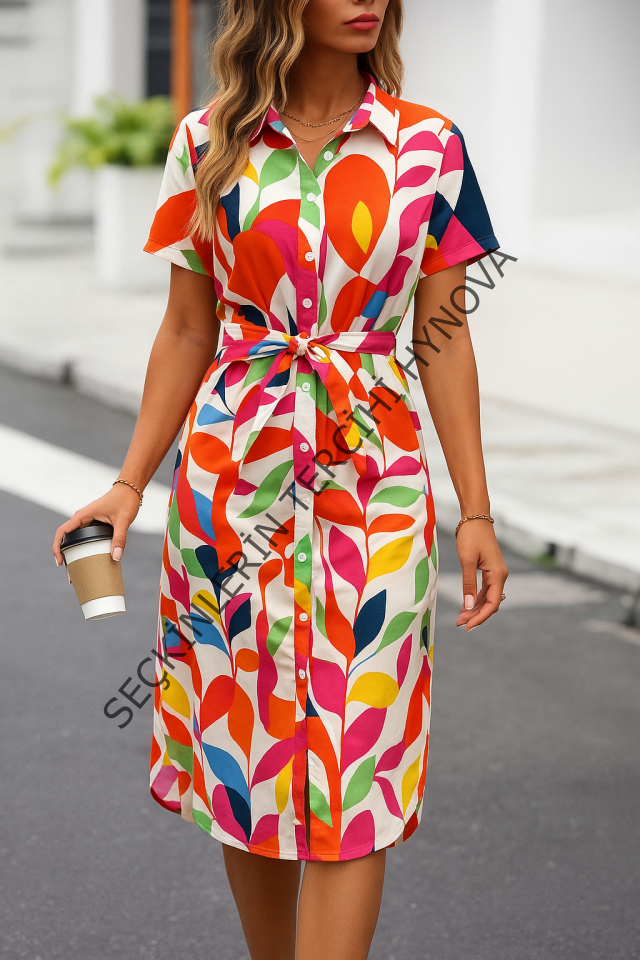 Kadın Kısa Kollu Yakalı önü Düğmeli önden Drapeli Desenli Süprem Elbise